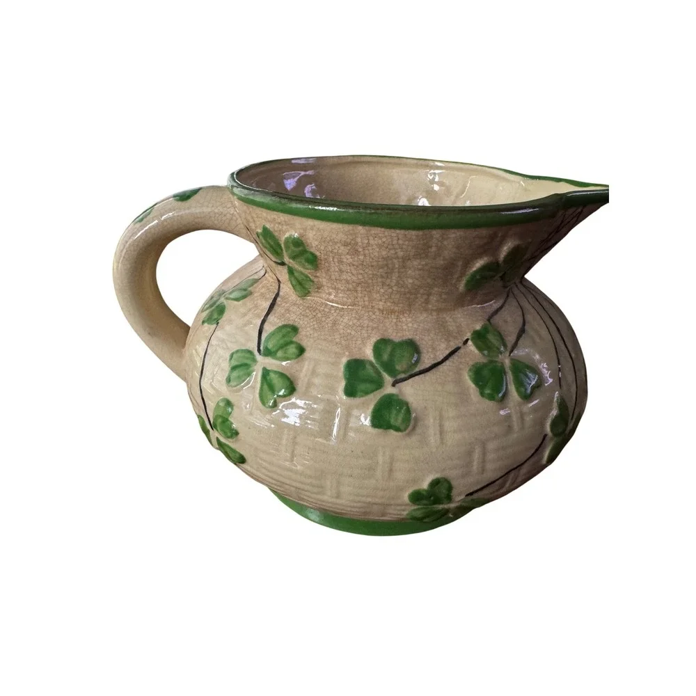 Vintage Hand Painted Hotta Yu Shoten  Japan 1930's Shamrock Basketweave Pitcher